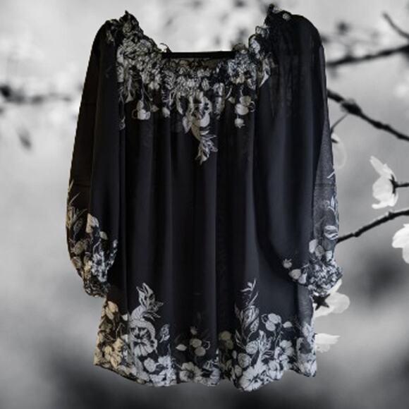 Additions Chico's XLG (3) shear black and shite 3/4 sleeve floral trim blouse. - Picture 1 of 1
